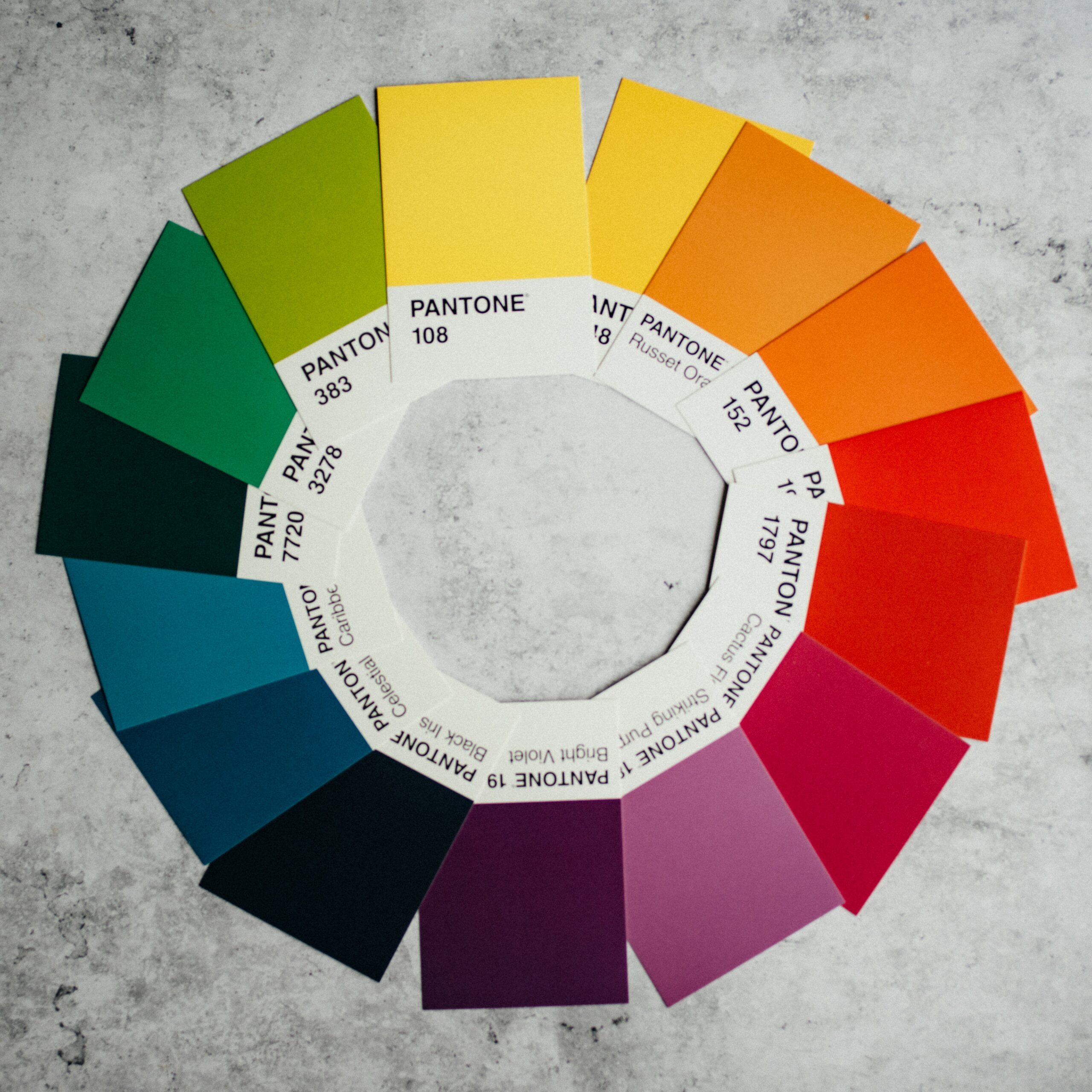 A rainbow of paint color swatches are displayed in a circle.